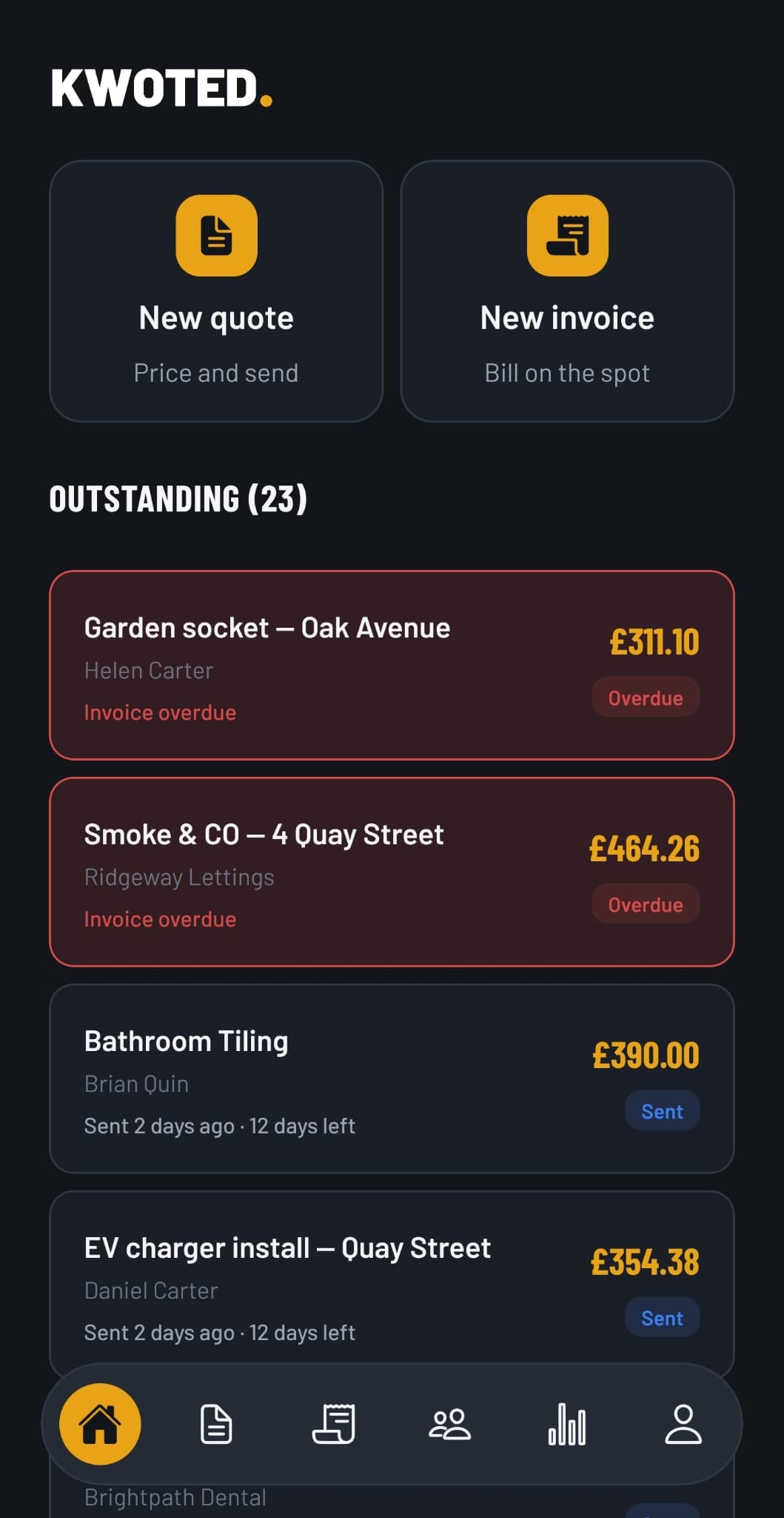 Kwoted home — outstanding quotes and invoices