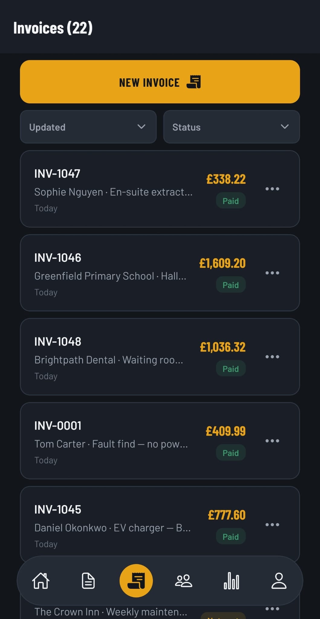 Invoices list — paid, overdue, and still to send
